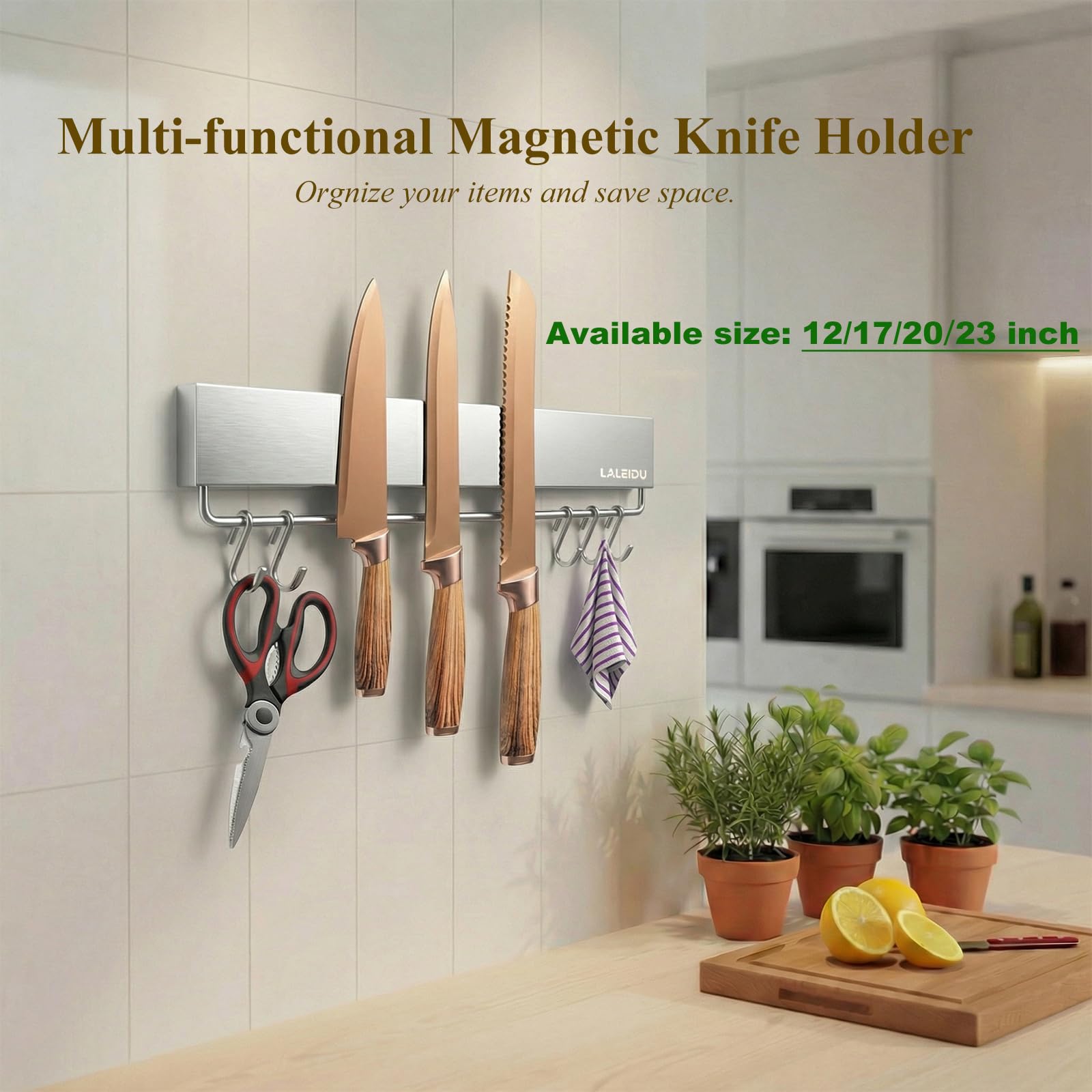 23 Zoll Magnet Messerhalter für Wand - Magnetische Messerleiste mit Starke Magnete, Edelstahl Magnet Messerleiste mit 15 Haken/Klebeband/Schrauben, Wandmontage Messeraufbewahrung für Küche