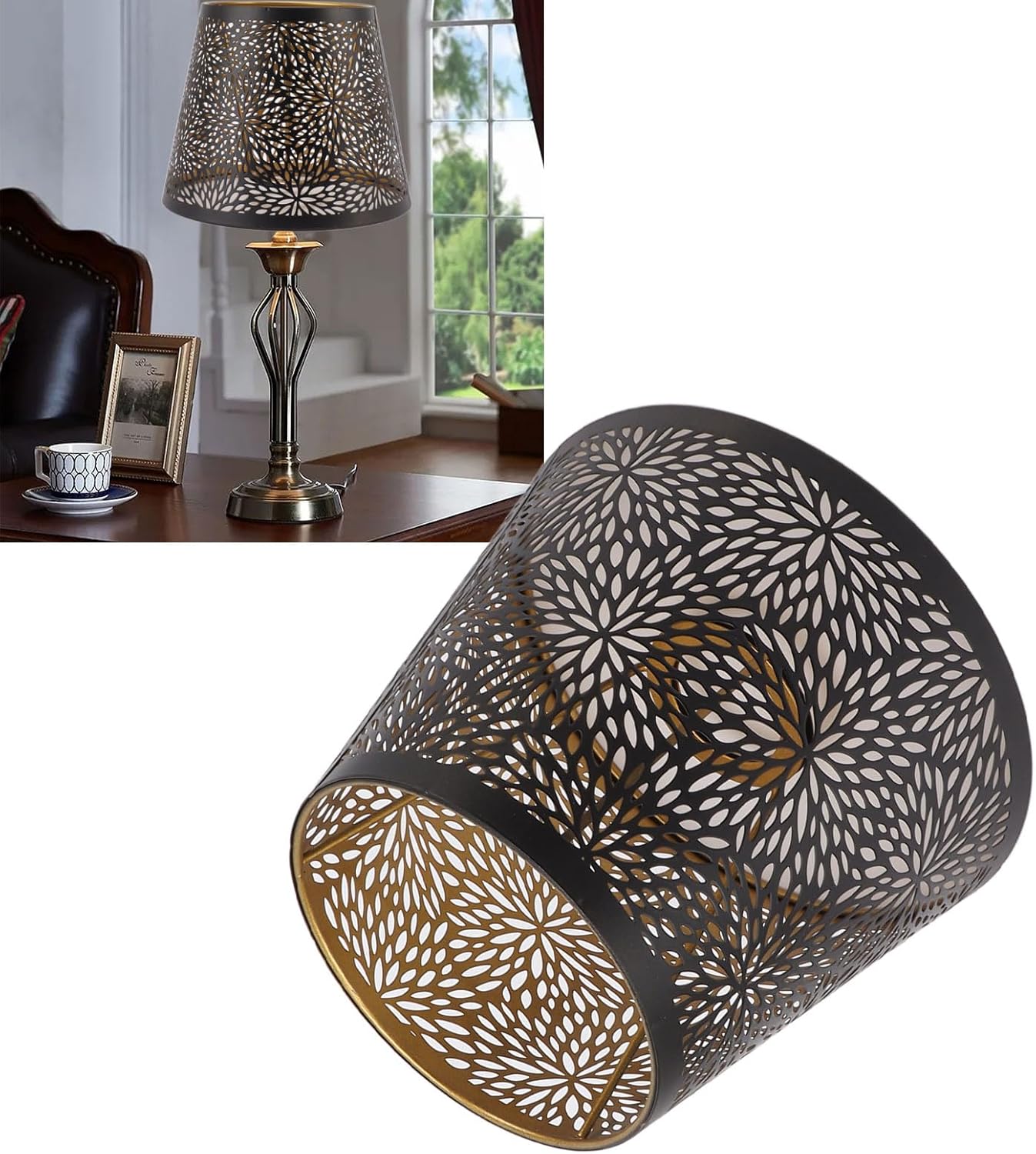 Metal Drum Lamp Shade with Forest Tree Hollow Out Design, E26 E27, Iron with Inner Gold Pattern for Table Wall Ceiling Lamp
