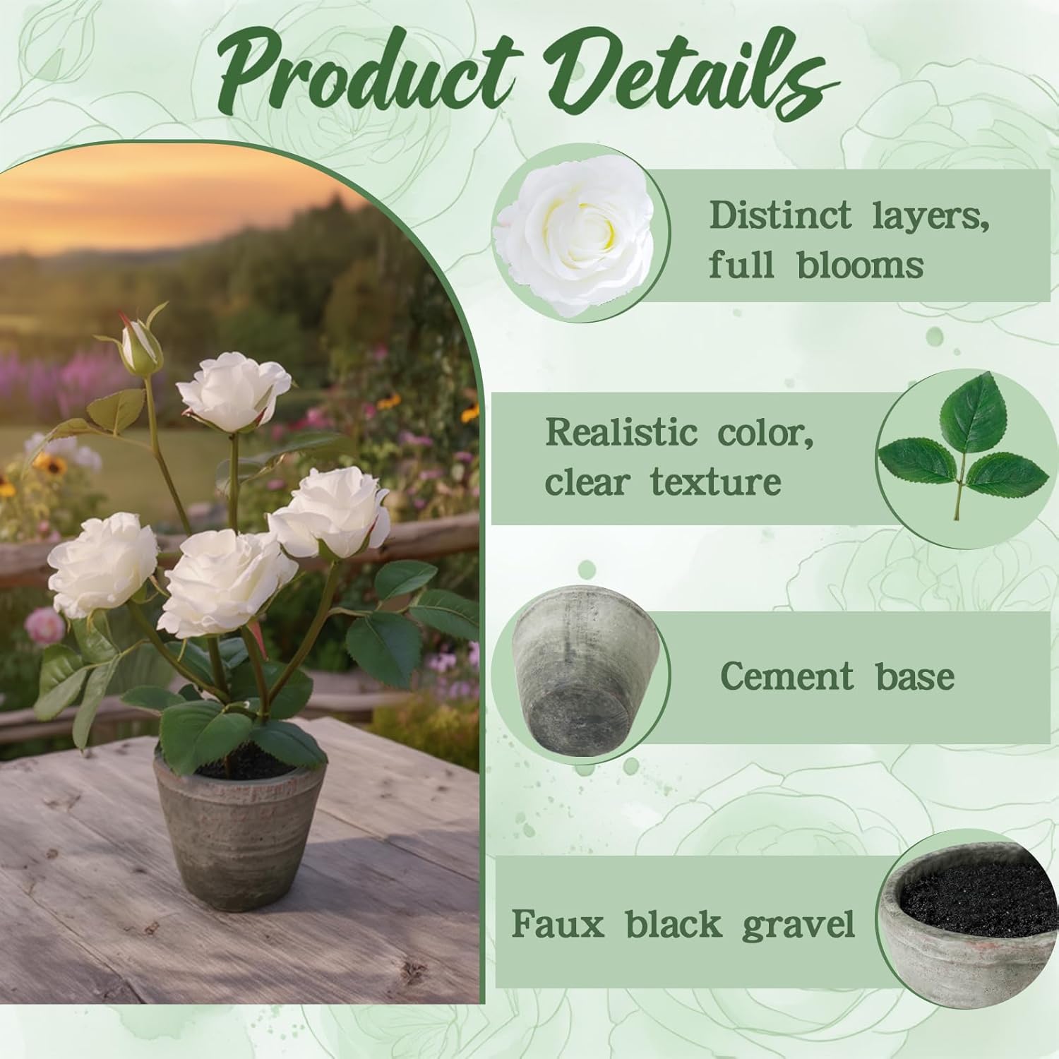 Rose in Pot Decor Potted Artificial Flowers Mini Plants Faux Flowers Indoor Small Decor Fake Roses for Home, Bathroom, Kitchen, Offices, Wedding Party Centerpieces (Rose White)