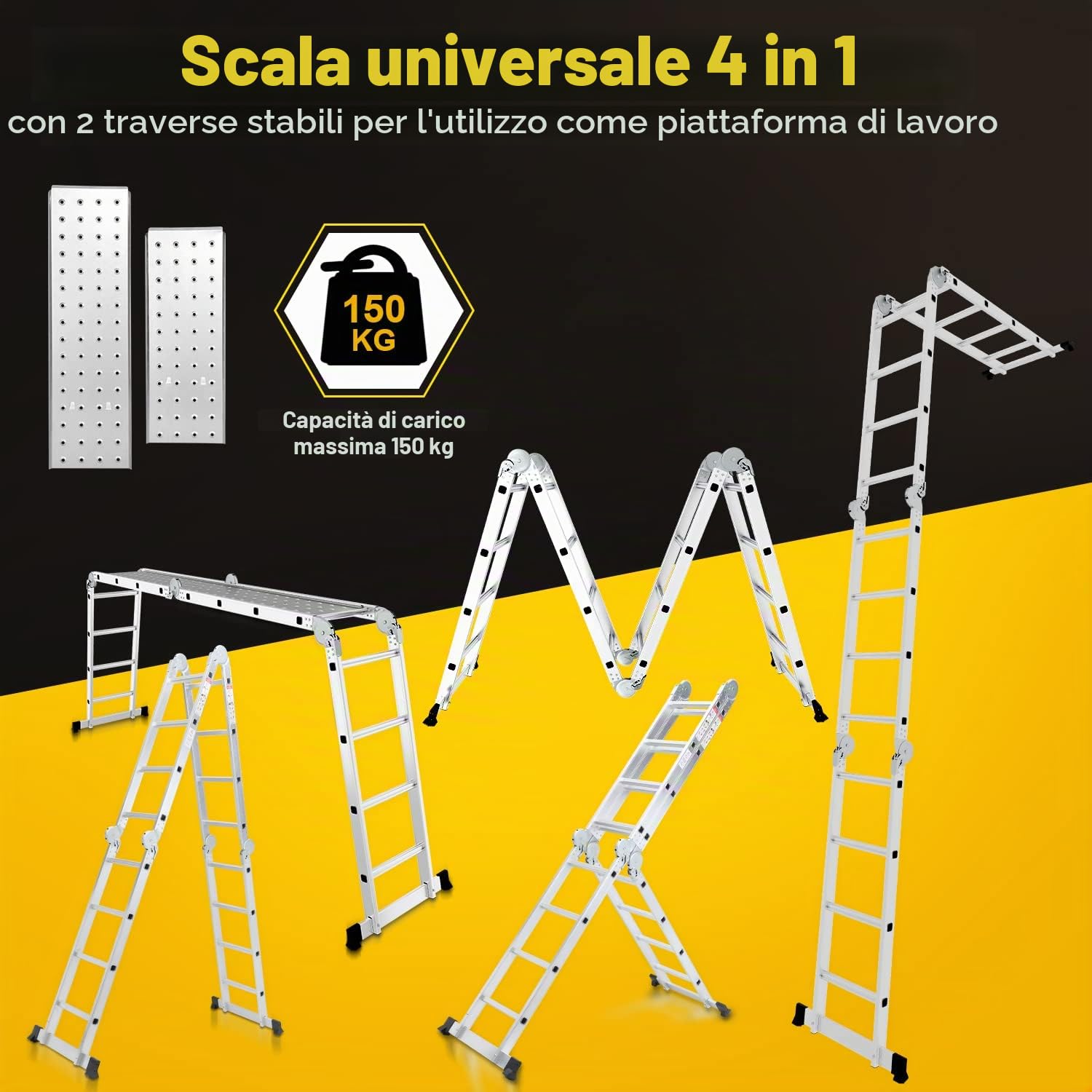 Randaco Scala multiuso 7 in 1, 470 cm, 4 x 4, in alluminio, pieghevole, con 2 piattaforme e ruote, 16 pioli, carico massimo 150 kg, scala snodabile