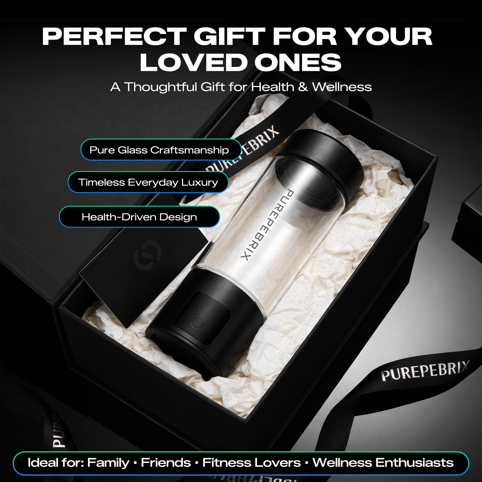 Upgraded Hydrogen Water Bottle Generator Glass, Touch Screen, Leak-Proof Lid, SPE/PEM Tech, Portable Rechargeable Hydrogen Water Bottle for Home Office Travel Fitness Drinking, 14 oz, Black