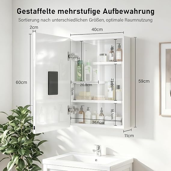 Battery Operated LED Mirror Cabinet - Wall Mounted Mirror Cabinet with Storage Compartment 4 mm Copper-free Mirror Soft LED Lighting Rocker Switch White 40 x 60 cm (Batteries Not