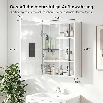 Battery Operated LED Mirror Cabinet - Wall Mounted Mirror Cabinet with Storage Compartment 4 mm Copper-free Mirror Soft LED Lighting Rocker Switch White 40 x 60 cm (Batteries Not
