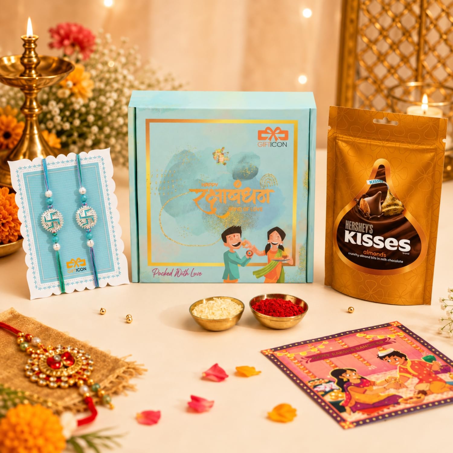 Gifticon Rakhi Set for Brother with Chocolate | Premium Designer Rakhi, Hersheys, Roli Chawal, Greeting Card & Premium Gift Box | Rakhi Hamper for Raksha Bandhan | Rakhi set of 2-image-6