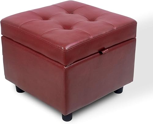 H&B Luxuries Reposapiés cuadrado de cuero capitoné otomano con tapa abatible (rojo con almacenamiento)
