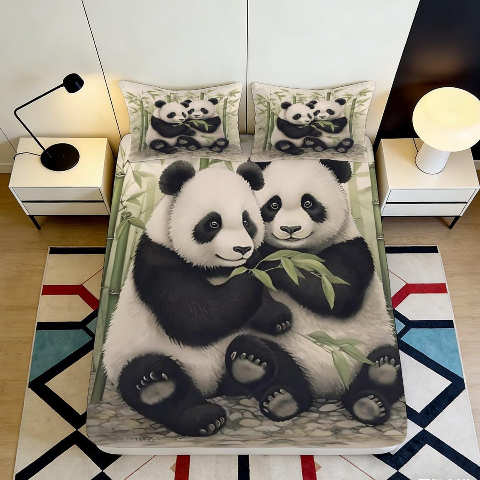 3D Printed Cute Panda Bamboo Fitted Sheet Microfiber Soft Anti-Slip Mattress Cover for Bedroom Guest Room Decor 180x200x25cm