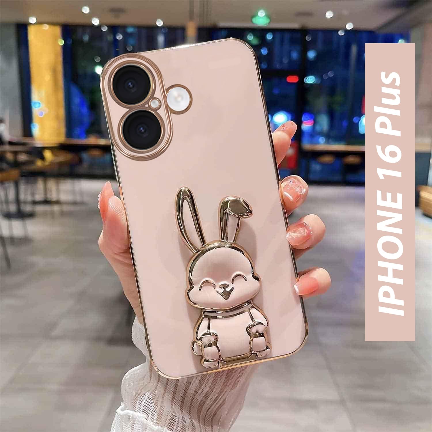 KC Back Cover for Apple iPhone 16 Plus – Hidden Rabbit Folding Bracket Kickstand Electroplated Soft Silicone Camera Protection Case – Pink