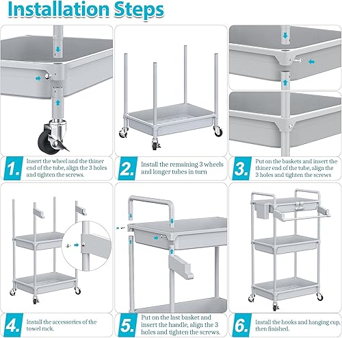 Miniatura 7 de SPACEKEEPER Carrito de almacenamiento rodante, carrito utilitario de 3 niveles, organización de cuarto de servicio, estantería móvil, organizador de