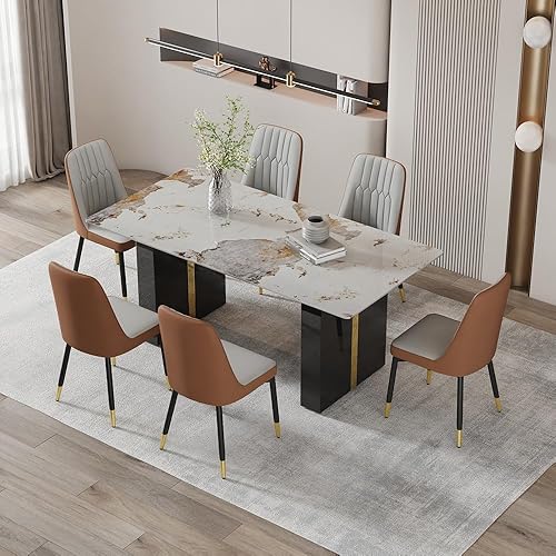 Miniatura 14 de Juego de mesa de comedor moderno de 71 pulgadas para 6, juegos de comedor para 6, mesa de mármol sintético de cocina y sillas de piel sintética,