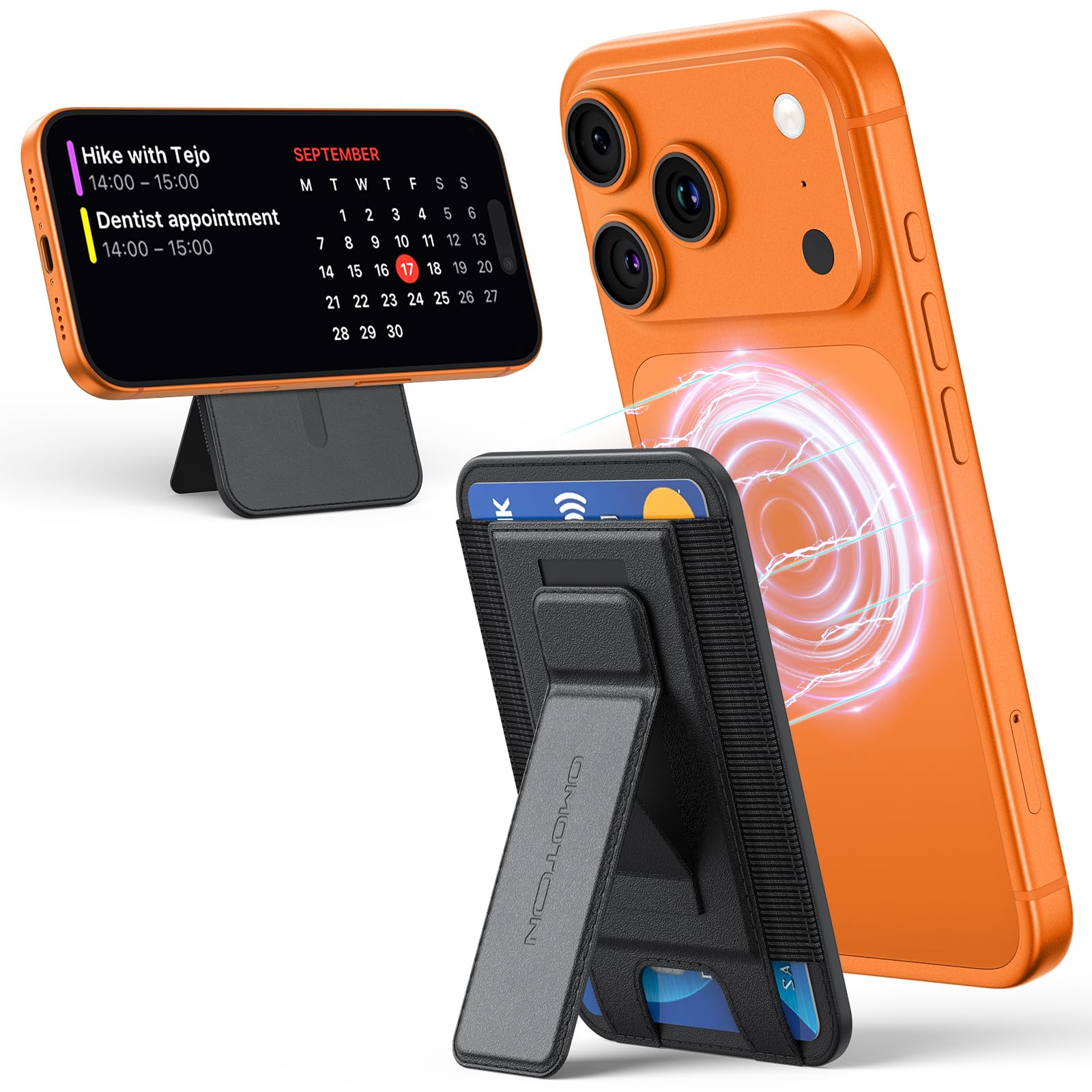 OMOTON for MagSafe Wallet, 5 Card Holder with Kickstand, Super Slim Magnetic Wallet for iPhone 17/16/15/14/13/12 Series, Leather Design (Black)