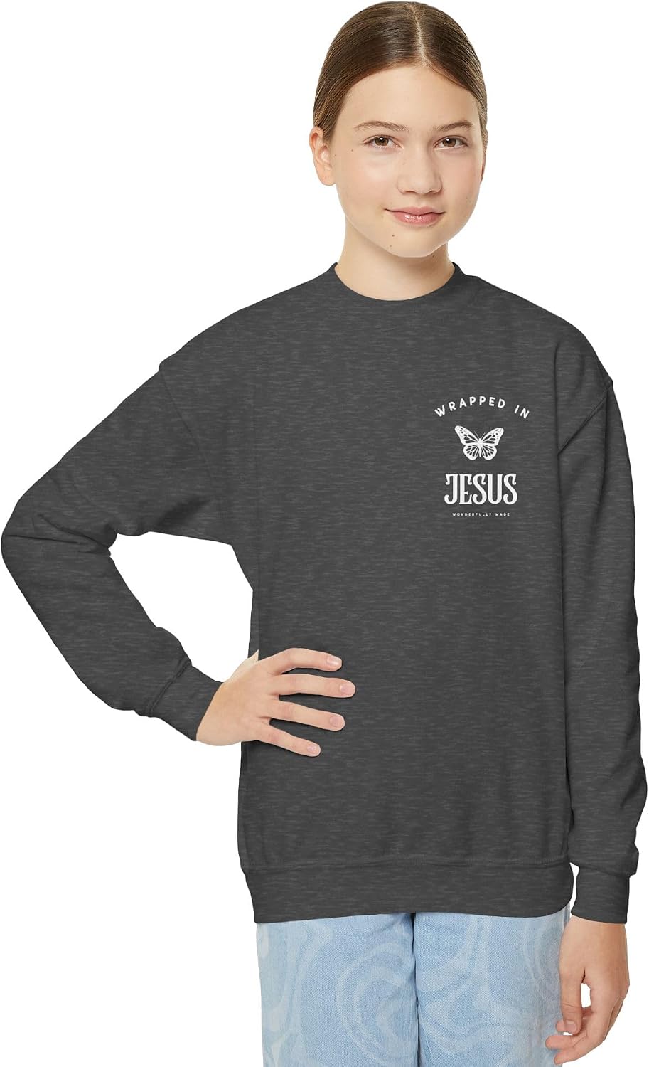 Girls Youth Crewneck Sweatshirt Created Butterfly Christian Graphic.