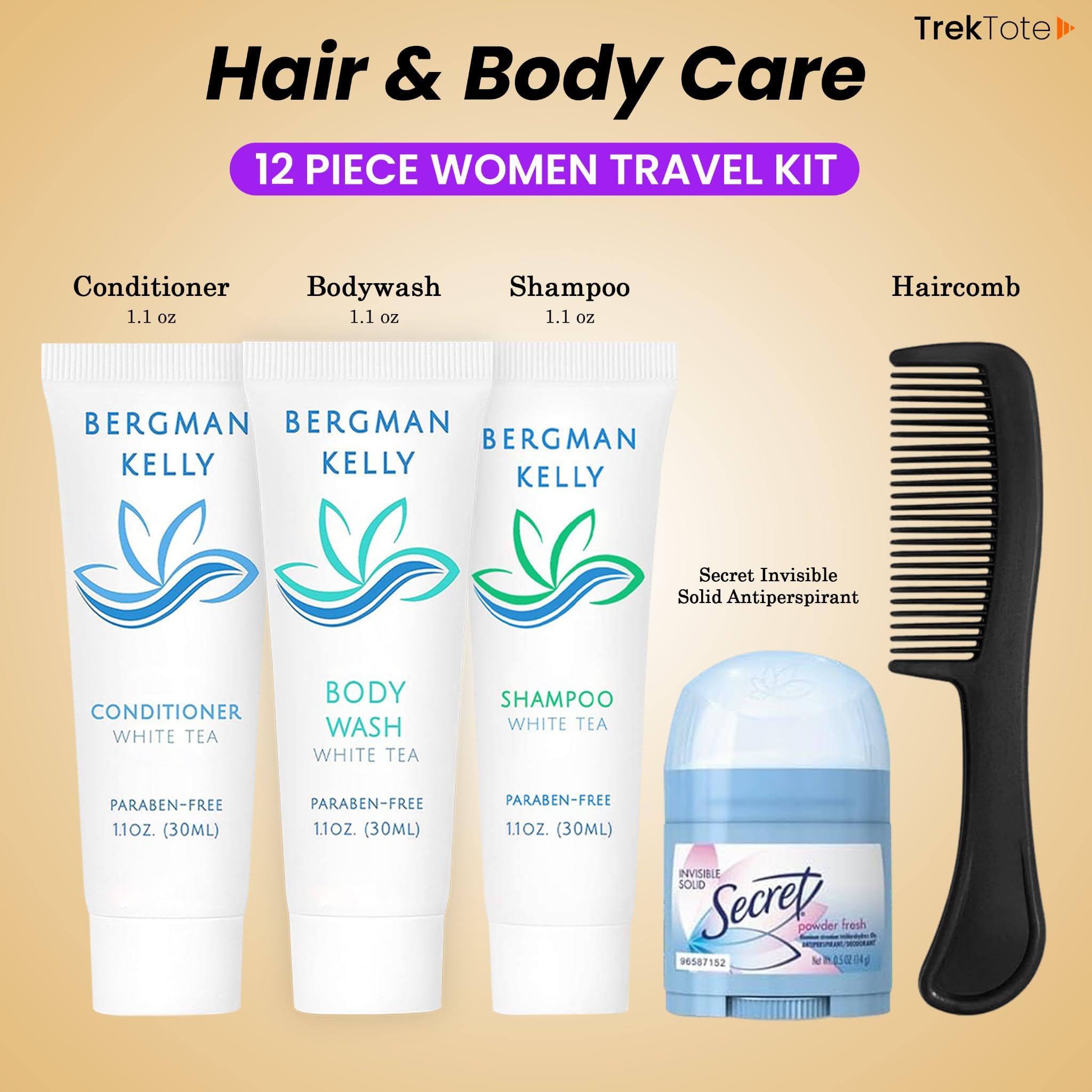 Trektote Travel Toiletry Kit For Women – 12 Piece Set Of Travel Size Toiletries, TSA Compliant, Travel Essentials, Includes Shampoo And Conditioner, Body Wash, Toiletry Bag & More