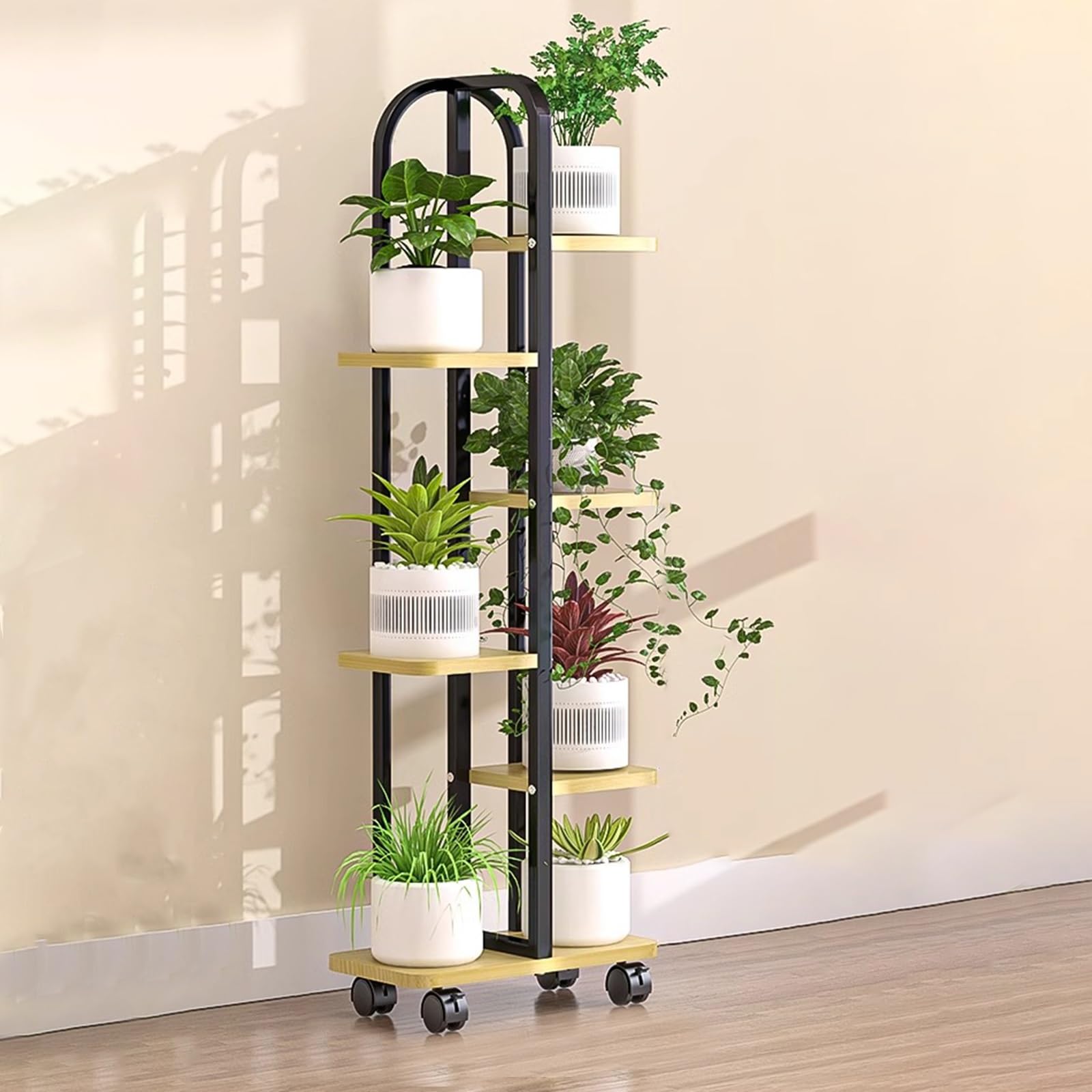 Étagère mobile jaune vif à plusieurs niveaux grand présentoir de jardin au design vertical