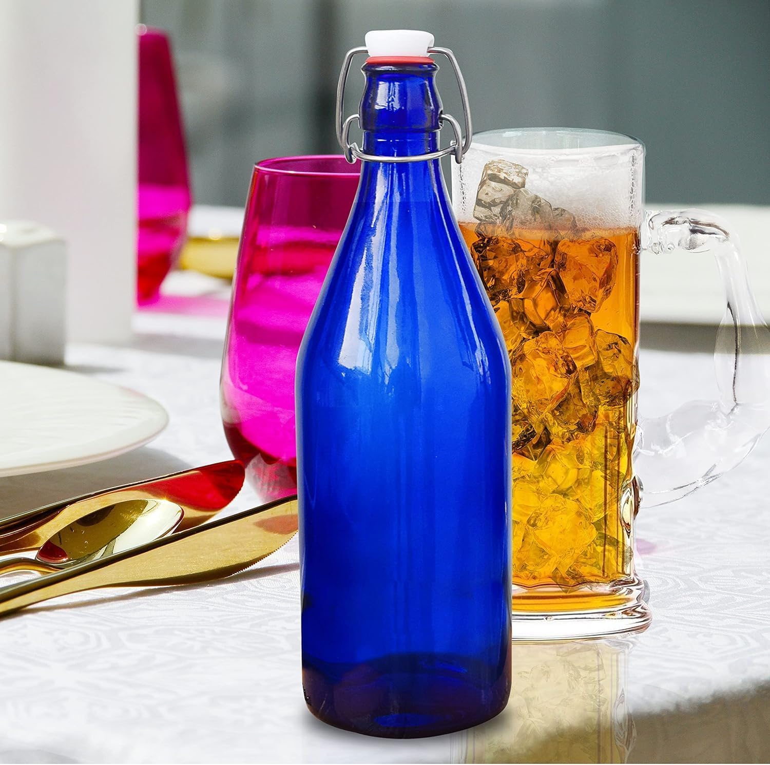 KWARE Vintage Style Glass Bottles 1 Litre Swing Top Bottles - Ideal for Domestic or Commercial Use - Fill with Water, Wine, Liquor, Oil, Beer, Schnapps or Cordials (Blue)