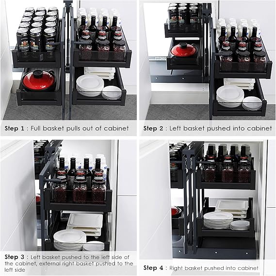 Blind Corner Cabinet Pull Out OrganizerExtendable Pull-Out Shelf with 4 Adjustable BasketsLeft Open and Right Open Storage Rack Kitchen for Corner Cupboards