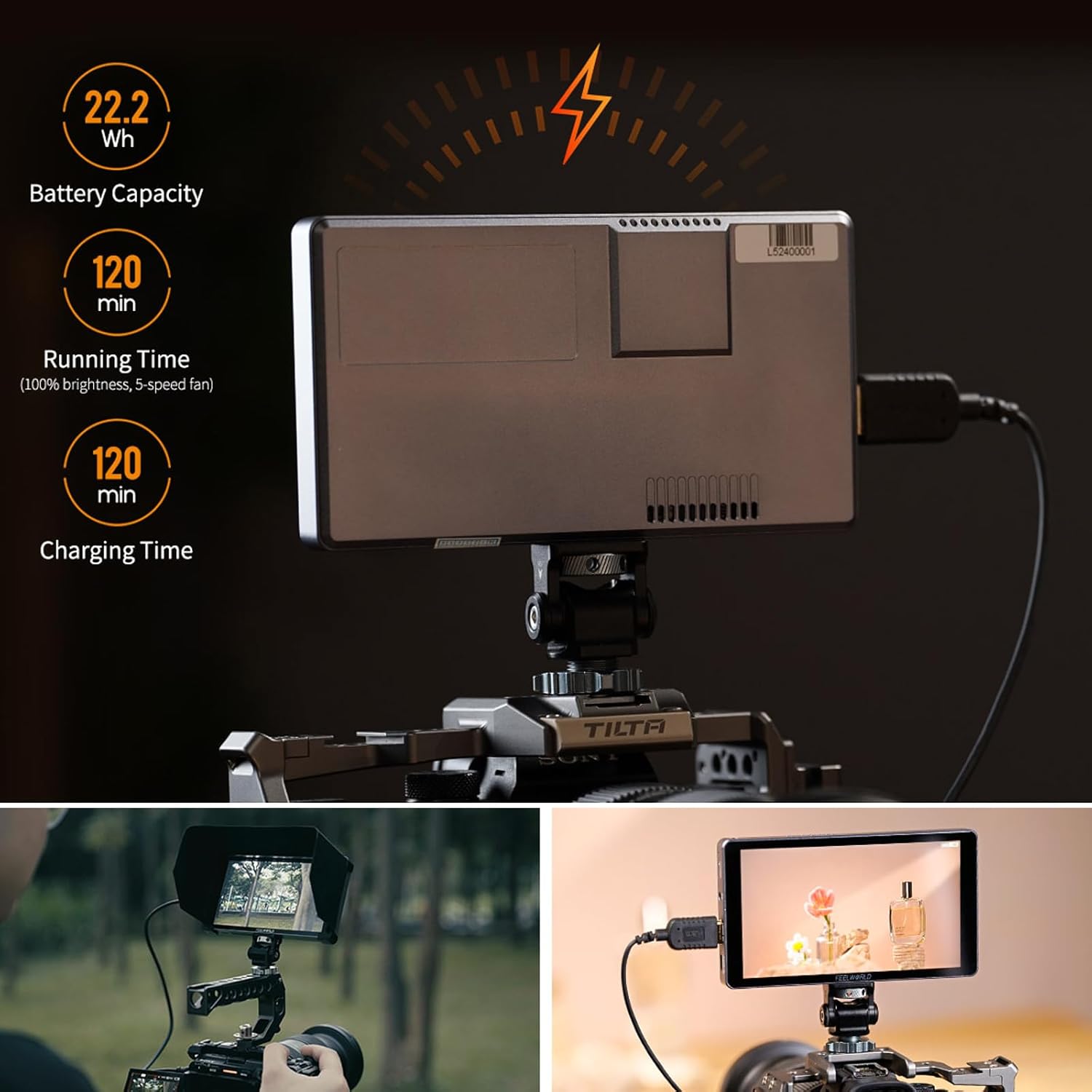 FEELWORLD P6XL monitor demonstrating touch screen gestures for adjusting brightness and volume.