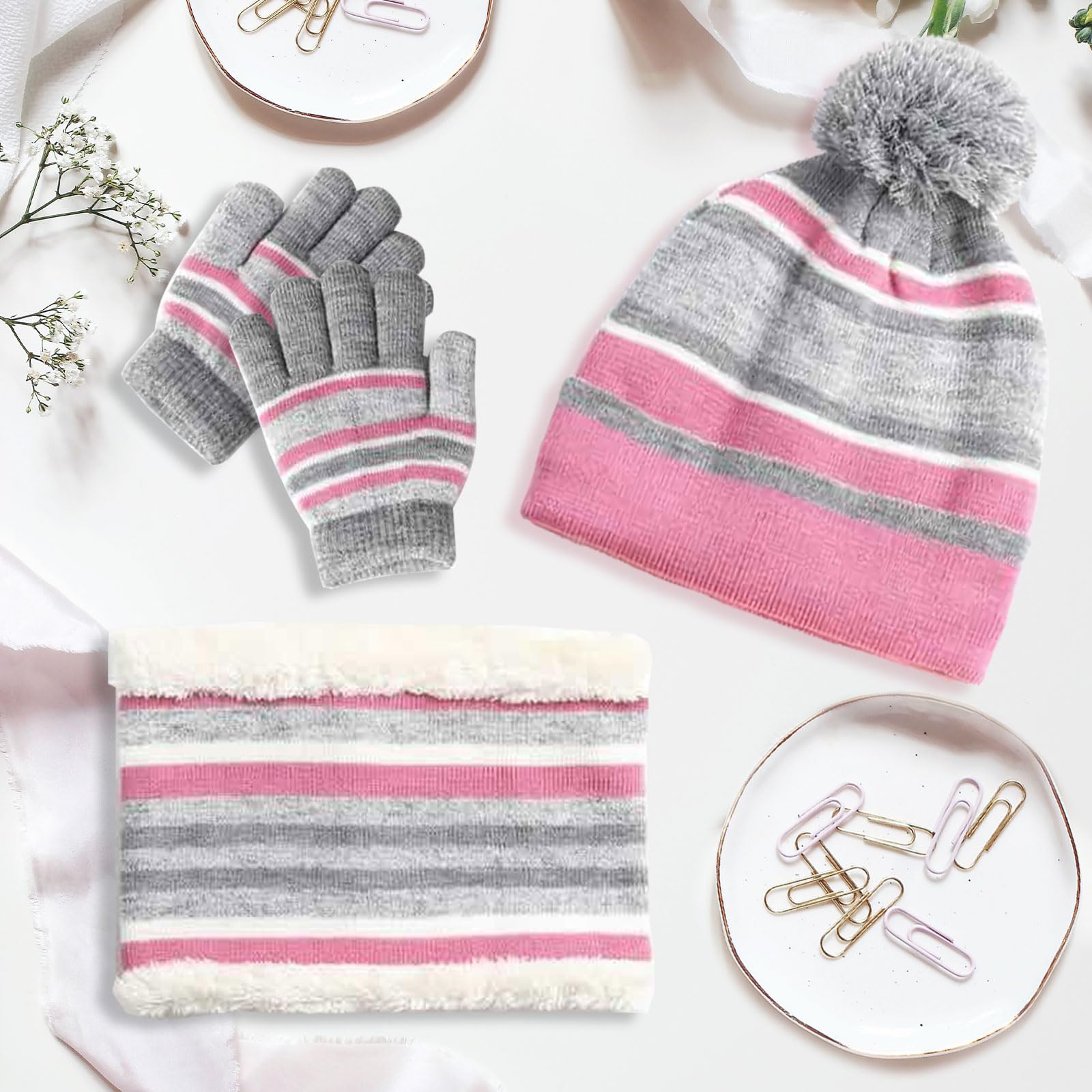 Dziecięca czapka zimowa w paski, dzianinowa czapka beanie, komin, szalik, rękawiczki, zestaw z grubą podszewką z polaru, bawełna, dzianina termiczna, pompon, czapka ocieplacz na szyję, dla