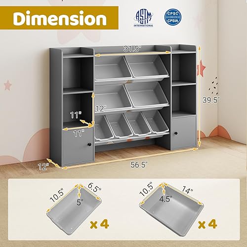 Miniatura 2 de Costzon Organizador de almacenamiento de juguetes para niños de 56.5 pulgadas con 8 contenedores extraíbles, estantería de 4 niveles para niños