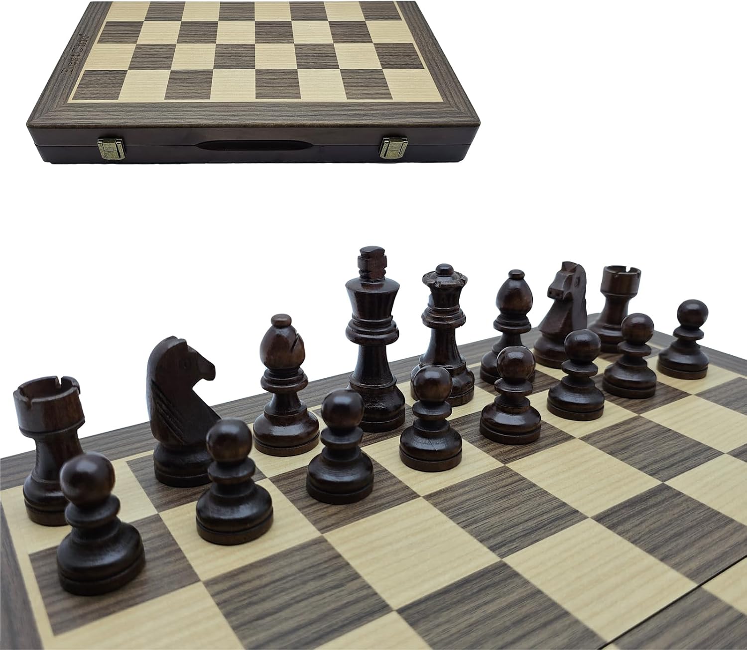 15-Inch Magnetic Wooden Chess Set with Portable Folding Board Extra Queens, and Storage Slots for Adults and Kids, Classic Game Set for Travel & Home,Best Gift for Chess Enthusiasts