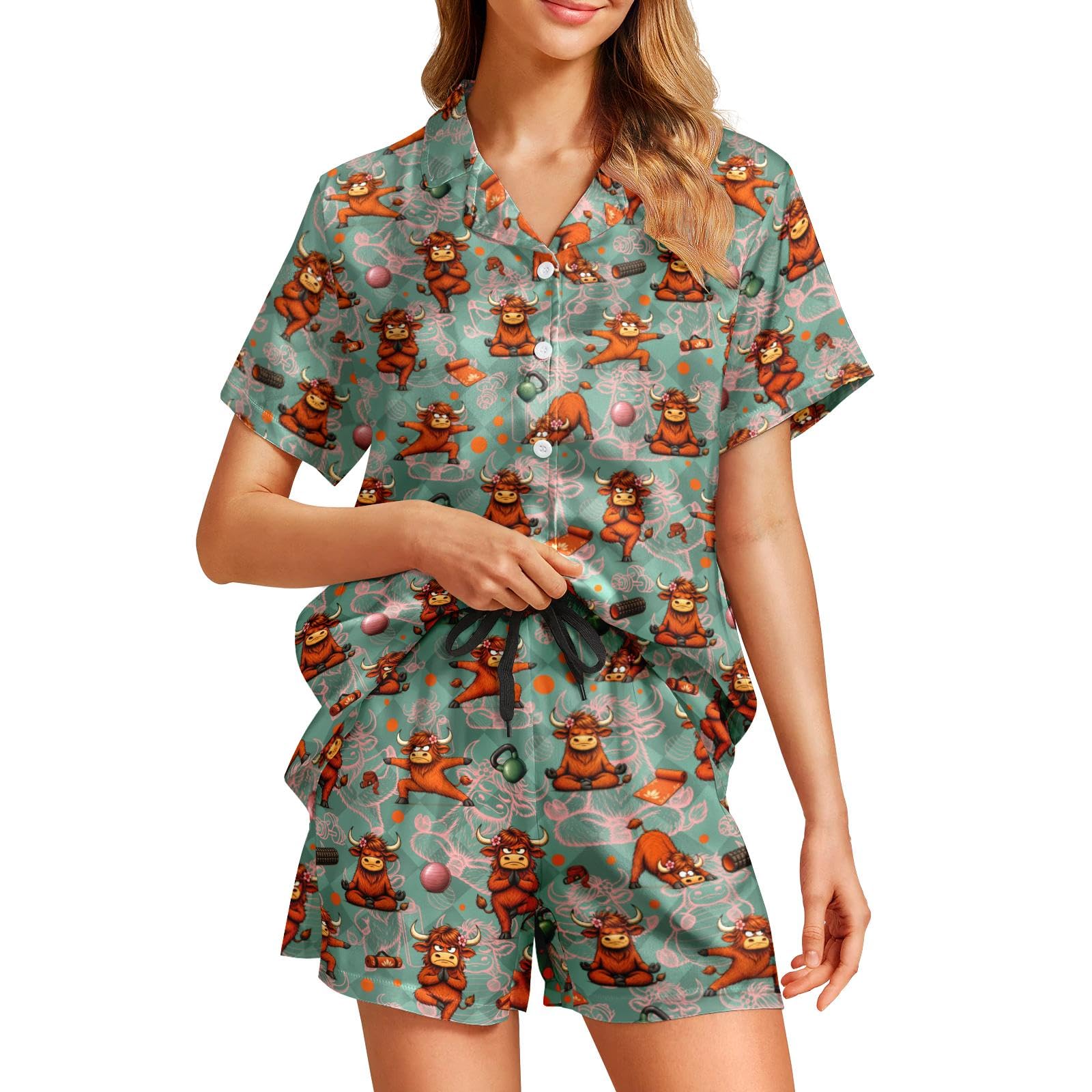 Funny Pajamas for Women Set Print Satin Loungewear Pjs Short Sleeve Button Down Top and Shorts Sets Sleepwear XS-3XL