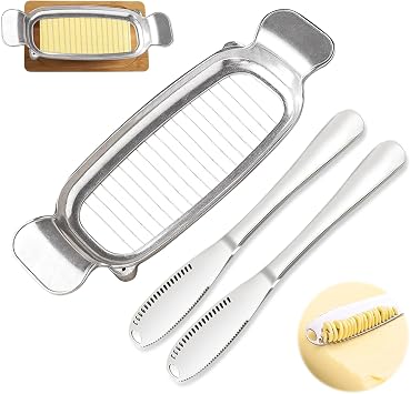 Stainless Steel Butter Slicer Cutter with 2 Butter Knives Hand Held Ergonomic Butter Cutter for Stick Butter & Soft Cheese, 3 in 1 Easy Butter Spreader Knife for Cold Butter Slicing & Spreading