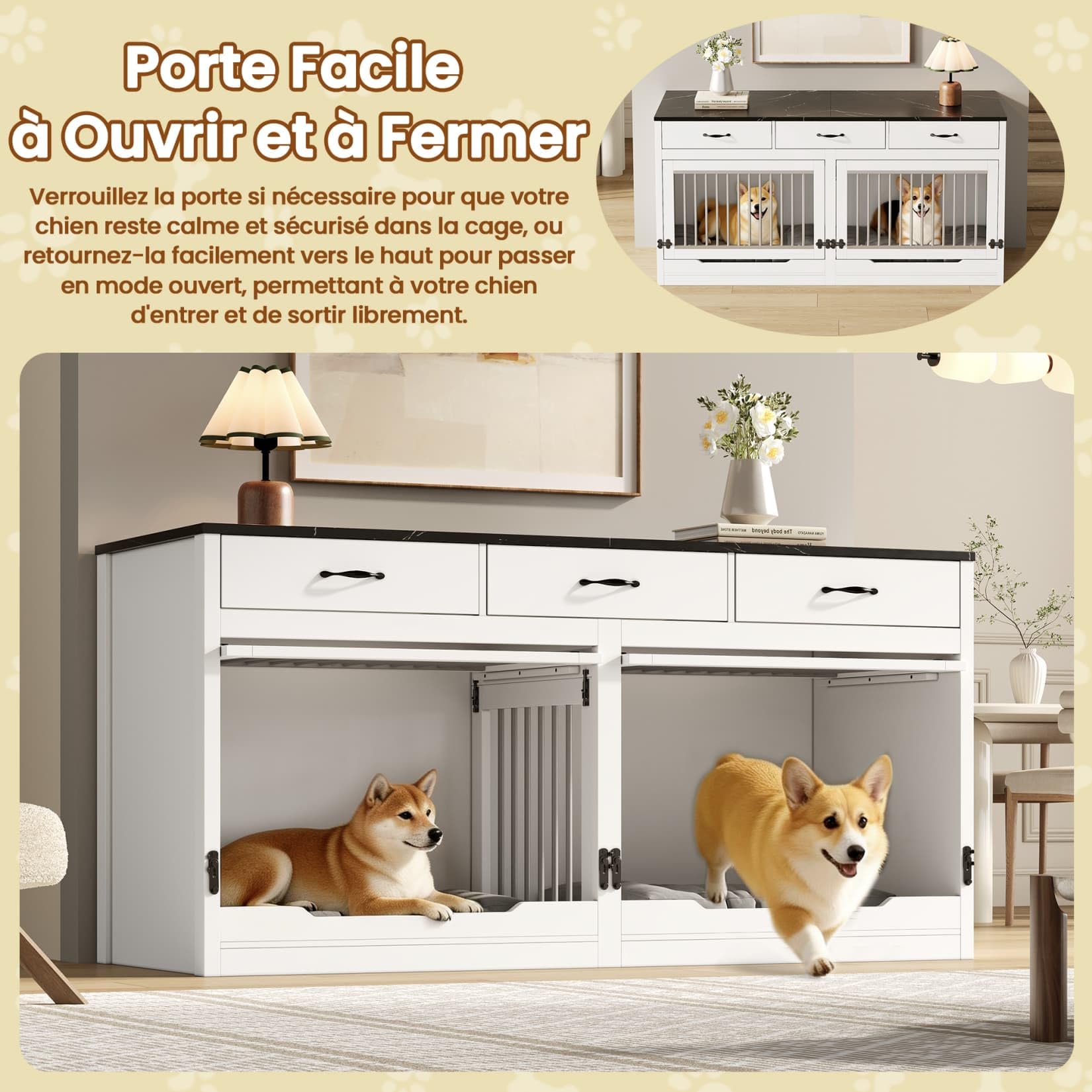 Cage pour Chien XXL 164×60×81cm,Niche/Cage Chien Interieur,Buffet avec Couvercle Supérieur à Rabat,étagère Amovible,3 Tiroirs,pour 2 Chiens (Noir Blanc)