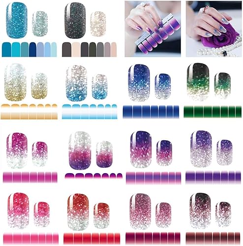 14 hojas de calcomanías de uñas con purpurina degradada, brillo de color, calcomanías de esmalte de tiras autoasivas para mujeres y niñas