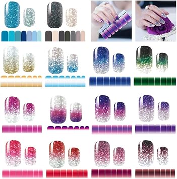 14 Sheets Nail Stickers Glitter Gradient Color Shine Full Wraps Polish Stickers Decal Strips Self-Ashesive Nail Art Sets for