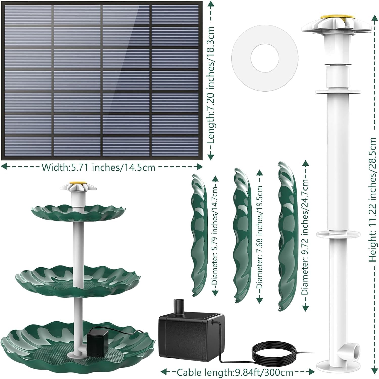 AISITIN DIY Brunnen,Vogeltränke Sets mit 3,5W Solar Springbrunnen, 3 Stufige Vogelfütterer für Draußen,Vogelbad und DIY Solarbrunnen Abnehmbar und Geeignet für Garten,Wasserspiel(Dunkelgrün)