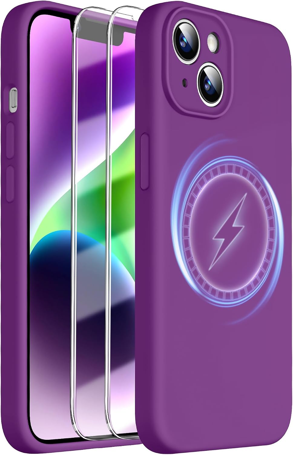 Dssairo Magnetic for iPhone 14 case,with 2× Screen Protector,Upgrade Liquid Silicone,Upgrade Camera Protection,Military-Grade Drop Shockproof Protective Slim Cover for 14 6.1 inch,Purple