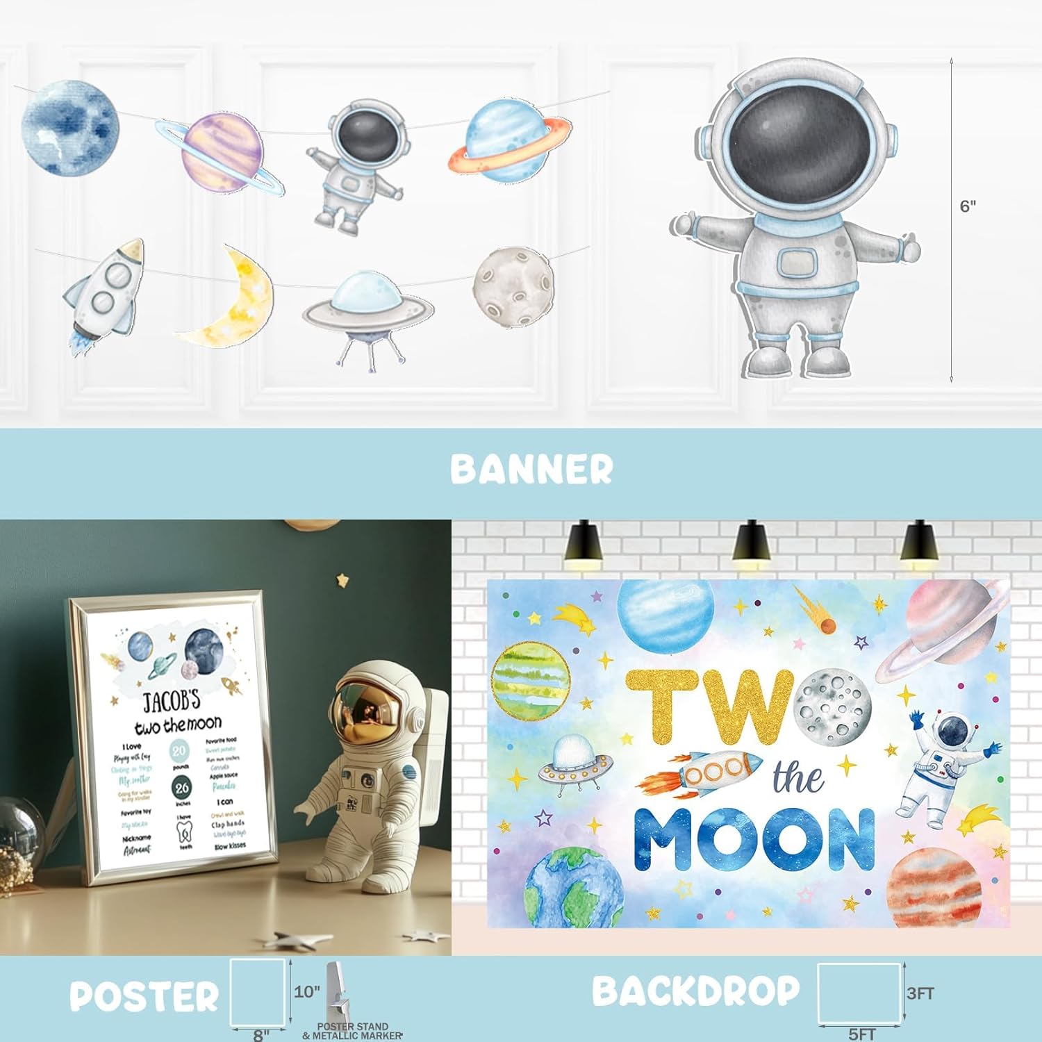 Party Inspo Two the Moon Birthday Boy – 114 PCs Outer Space 2nd Birthday Party Supplies with Backdrop, Balloons, Tablecloth, Cake Topper, Number 2 Foil Balloon, Crown, Poster