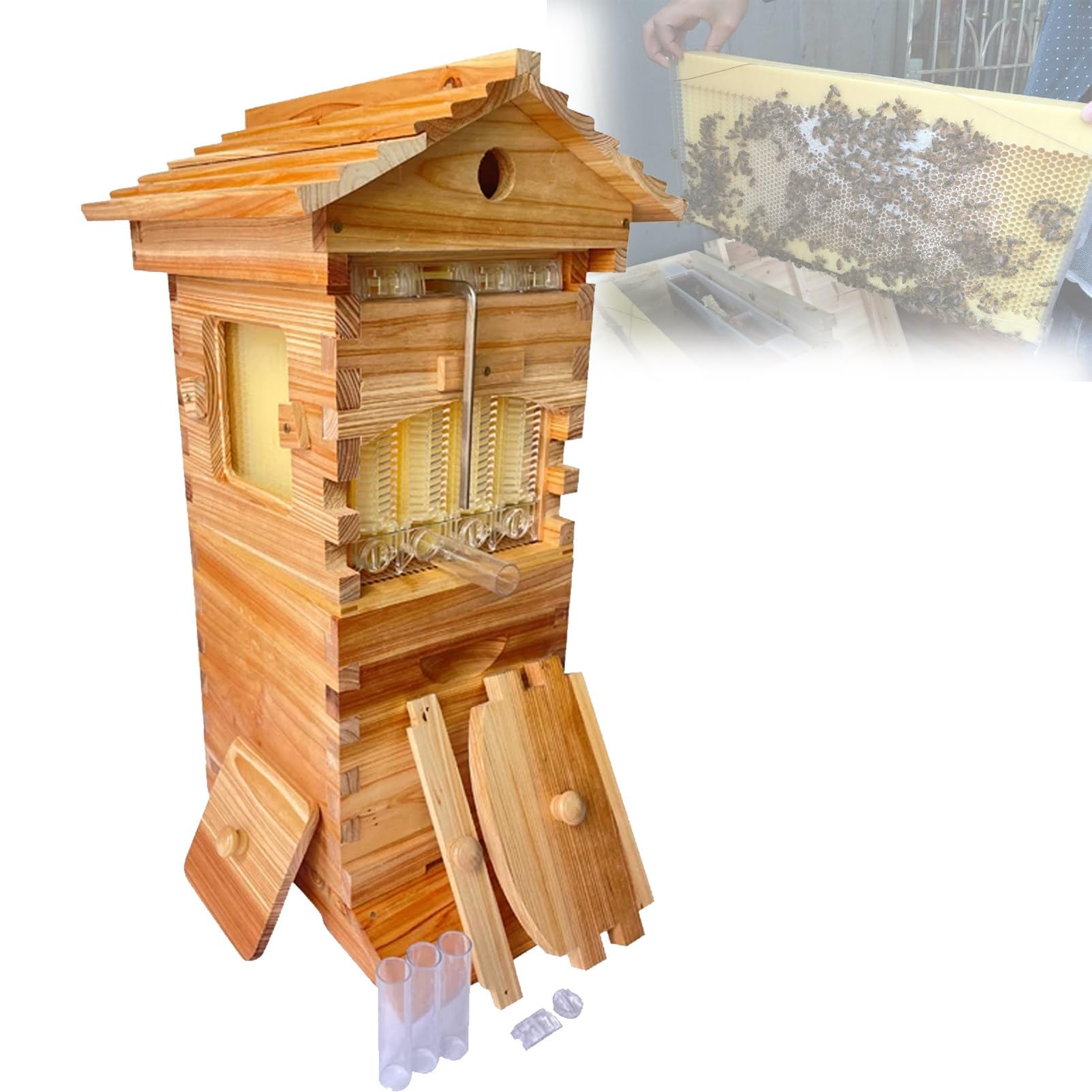 Pnpaea Beehive Starter Kit, Self-Flow Hive Beehive Starter Kit, Complete Bee Box with 4 Observation Window 6 Honey Spout, Automatic Honey Harvesting for Garden Pollinators