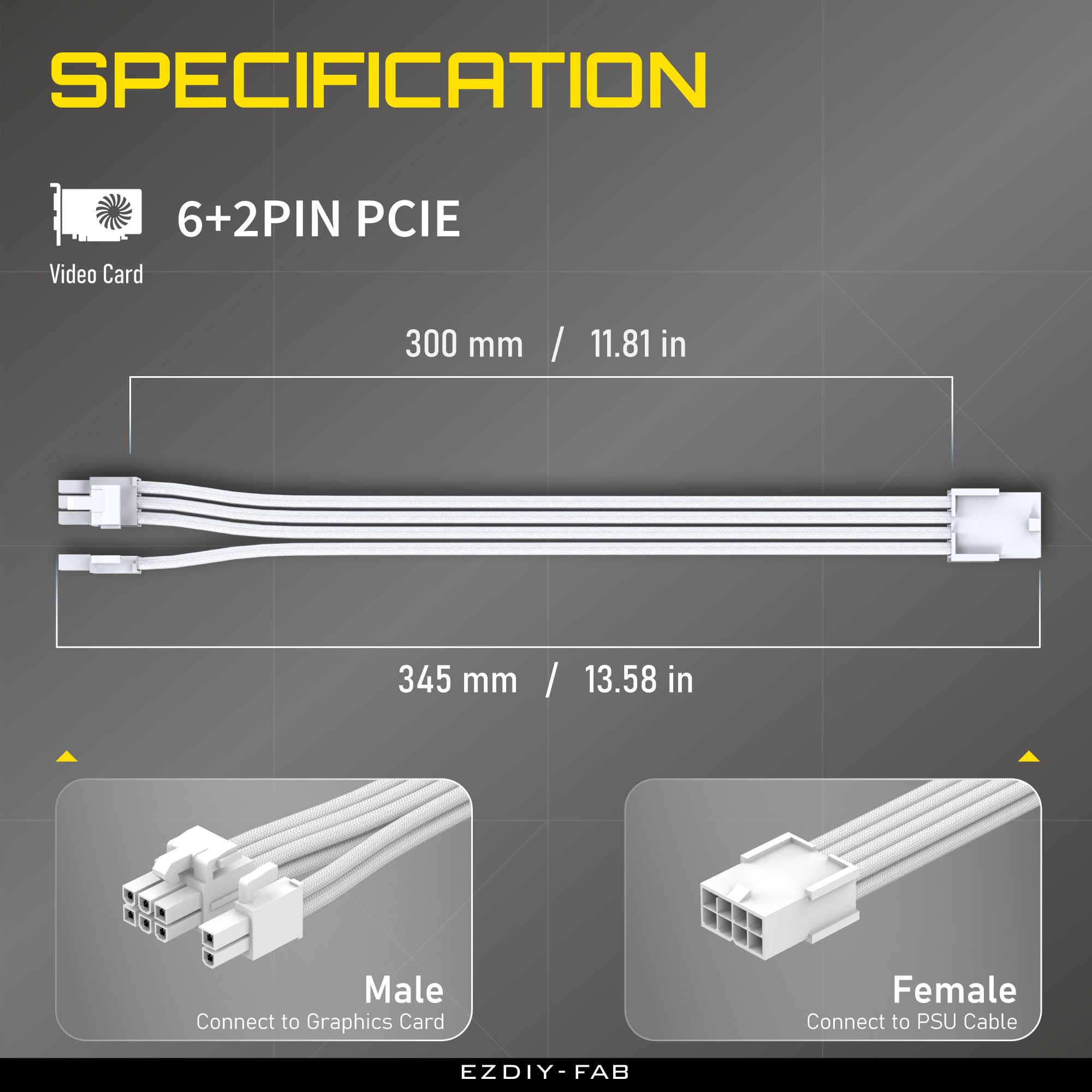 EZDIY-FAB PCIe 8-Pin Female to PCIe 8-Pin (6+2) Male Power Supply Adapter Extension Cable for Graphics Card or PCIe Device 11.8 inch (30 cm)-All White