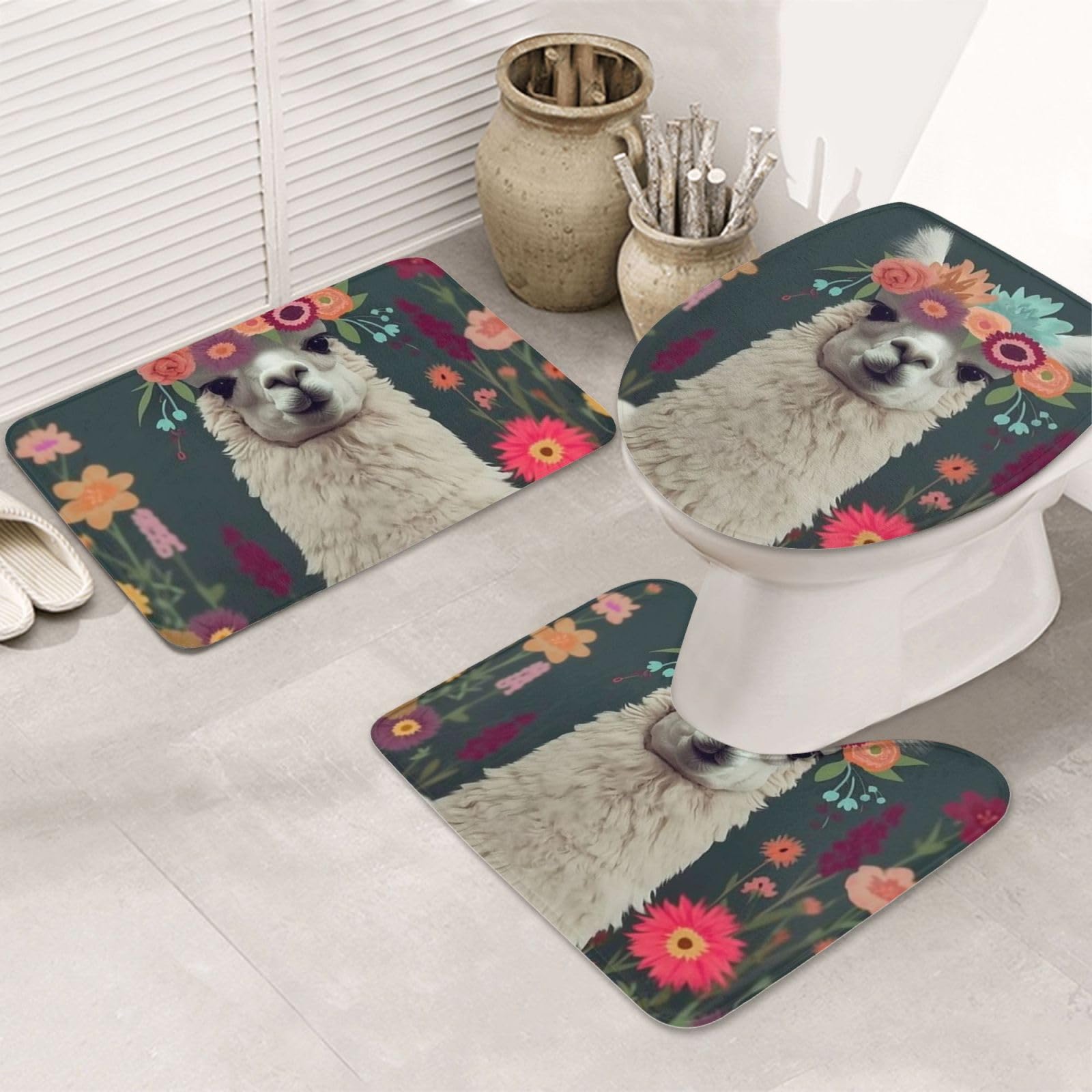 Dwrepo Flower Alpaca Print Bathroom Rug Set 3 Piece with Non-Slip U-Shaped Contour Mat and Toilet Lid Cover for Bathroom Decoration