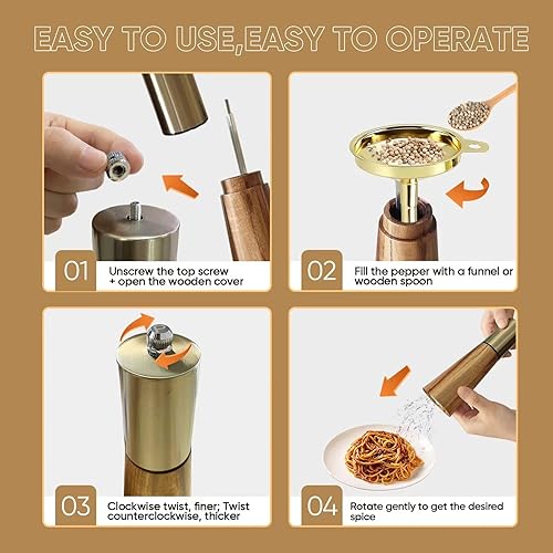 Miniatura 5 de Juego de molinillo de sal y pimienta dorado, molinillo de pimienta de madera, molinillo manual de sal y pimienta, grosor ajustable, parte superior