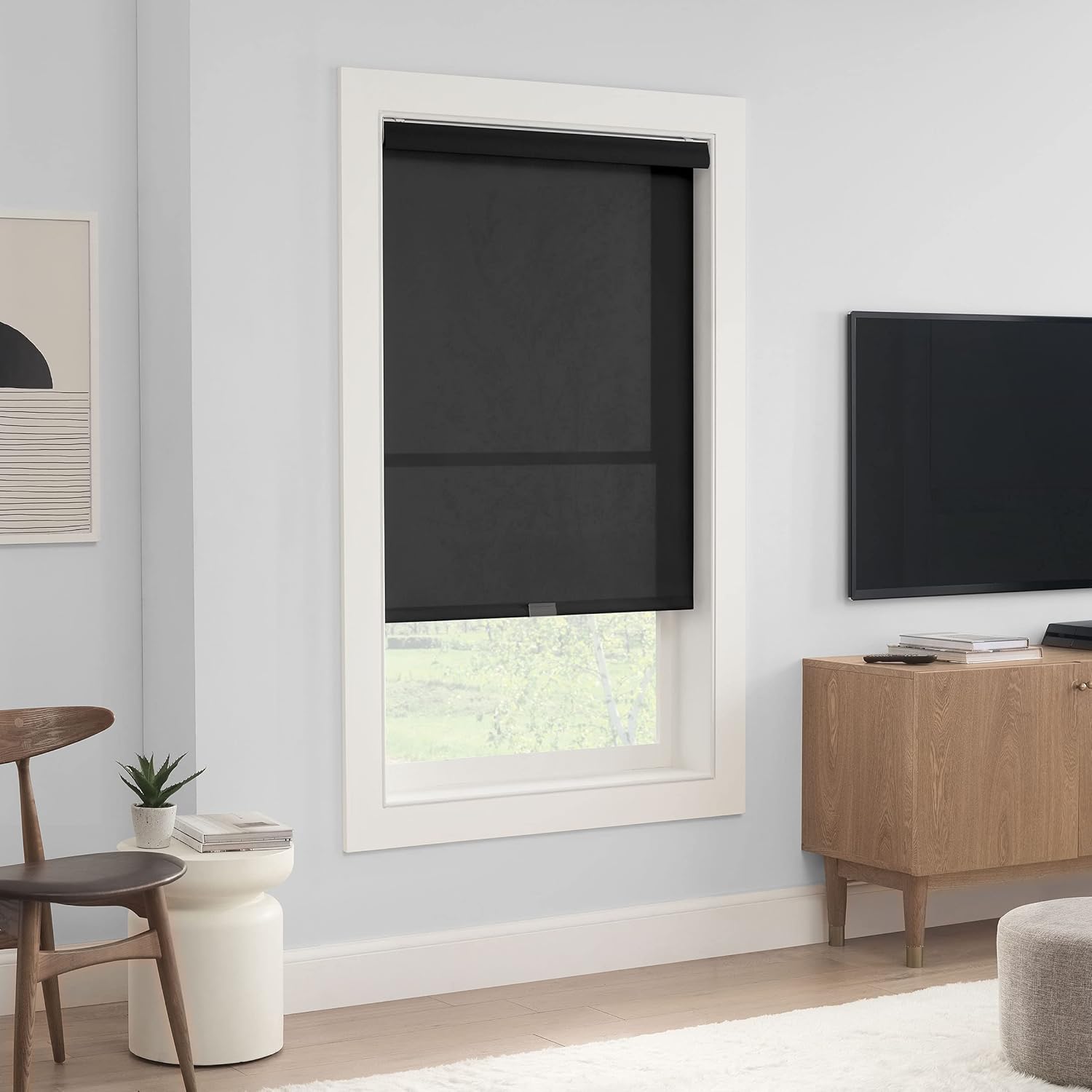 Eclipse Roller Shade installed outside a window frame in a living room.