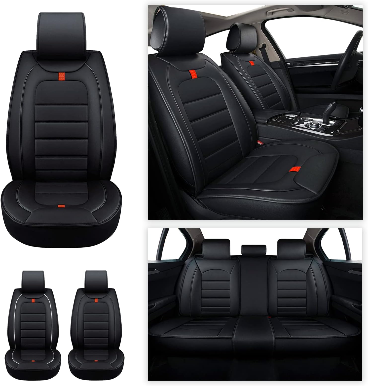 Sojoy Padded Leather Car Seat Covers Full Set- Front and Rear Seat Cushions Four Seasons Waterproof Faux Leather Fits for Most Sedan Truck Pickup Hatchback SUV (Black)