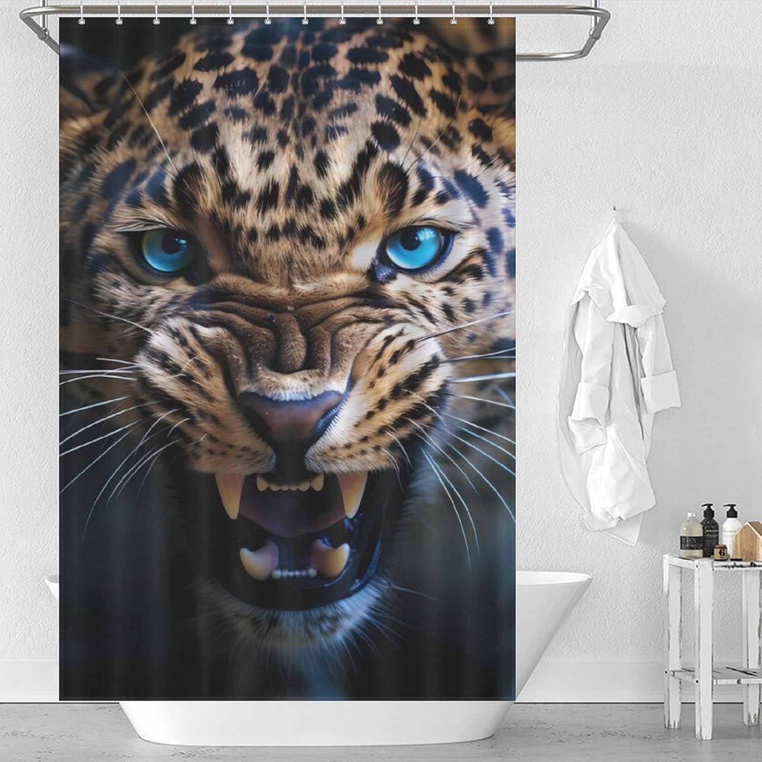 Leopards with Blue Eyes Funny Shower Curtains Washable Bath Curtain Liner with Hooks for Bathroom Bath Tubs