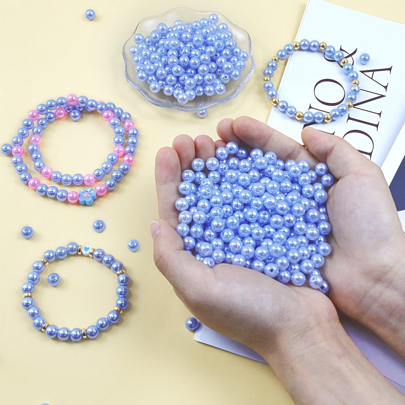DUQGUHO 8mm Blue Beads for Jewelry Making Blue Pearls Bulk 500PCS Plastic Beads for Bracelets Craft with Holes Hair Pearl Bead for Women