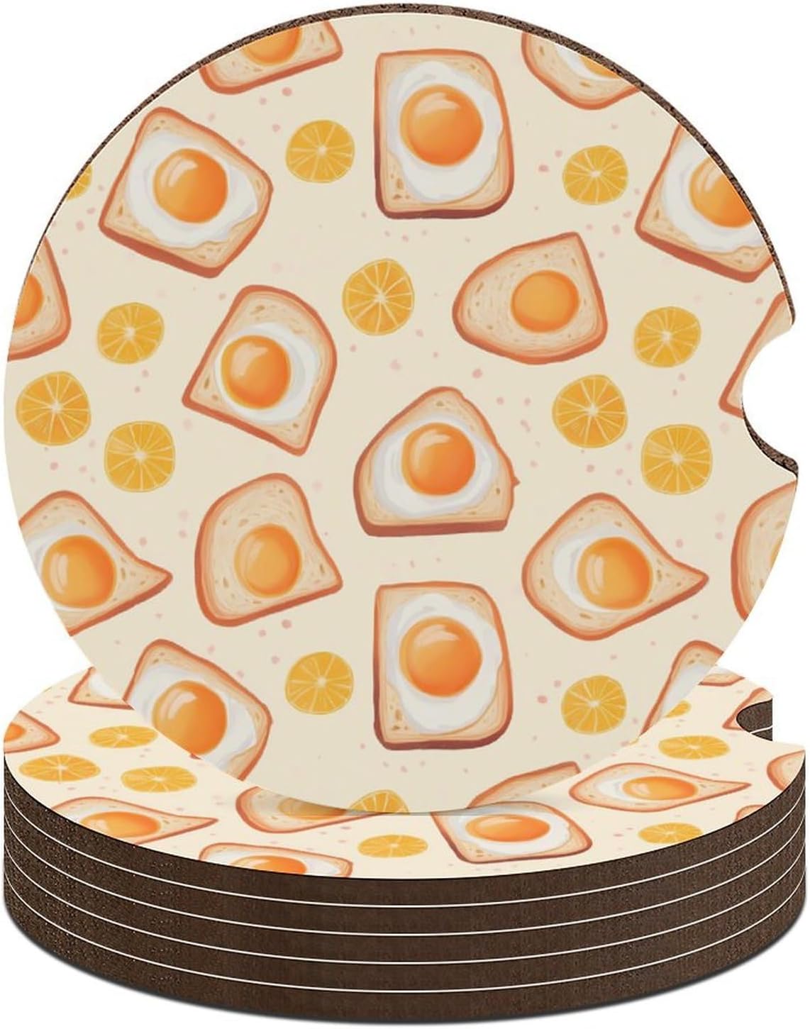 Breakfast Items Eggs and Toast Cute Car Coasters 2.56 Inch Absorbent Cup Holder for Drinks Auto Interior Accessories