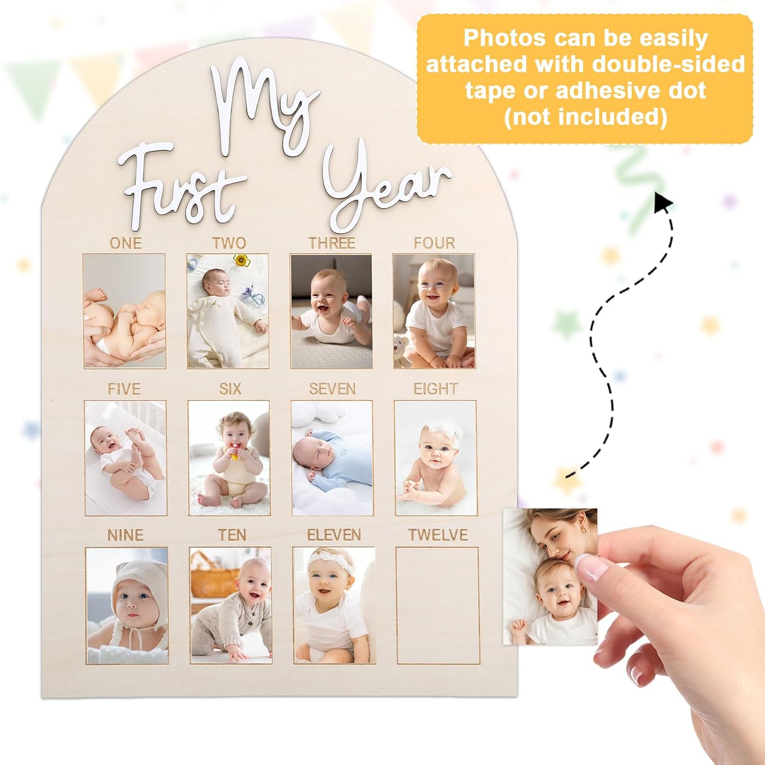 My First Year Photo Board, Wooden 1st Birthday Decorations for Her, 12 Monthly Milestone Signs, Personalized One Year Old Picture Frame for Sweet One Birthday Party, Baby Shower Party