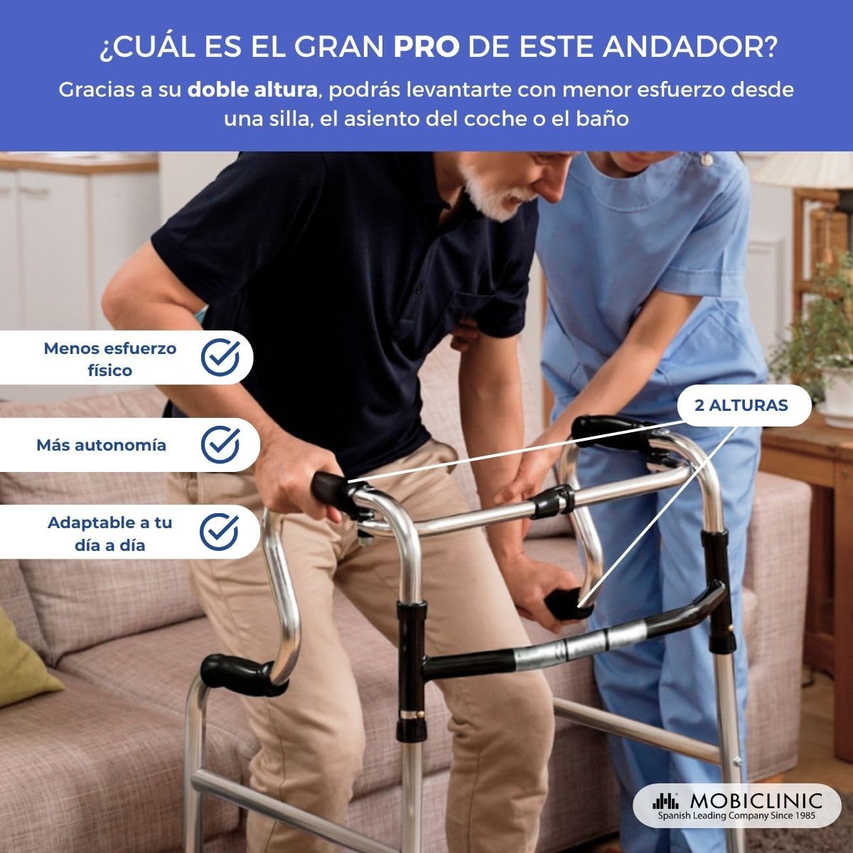 Mobiclinic®, Andador para ancianos, Pórtico, Aluminio, Marca española, Plegable, Conteras antideslizantes, Ligero, Altura regulable, Sin ruedas, 4 apoyos, Personas mayores, Adultos