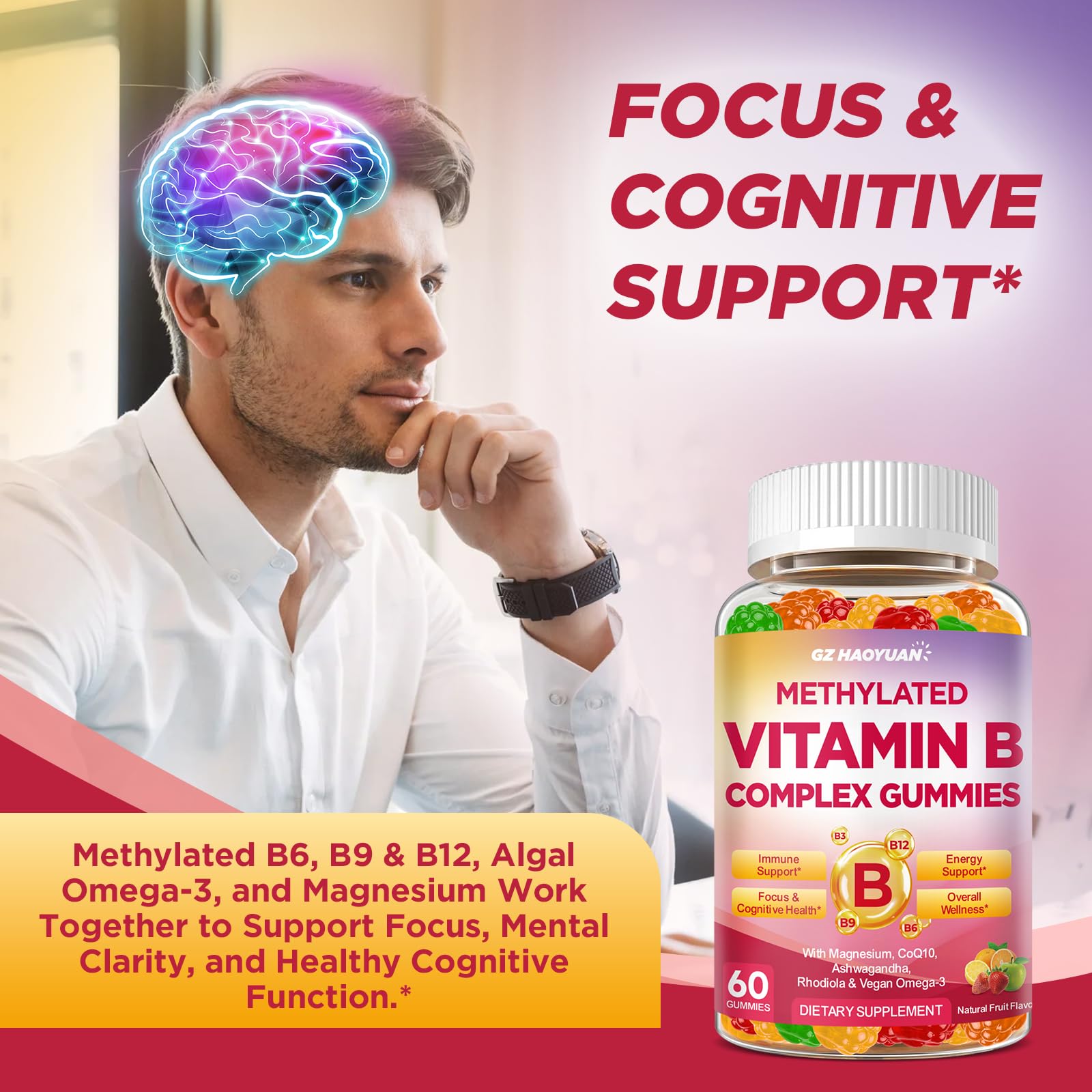 Methylated Vitamin B Complex Gummies for Women & Men with Vitamin B1, B2, B3, B5, B6, B7, B9, B12 & Magnesium, Omega-3, CoQ10, Supports Brain Health, Energy, Immune, Sugar Free, Fruit Flavor, 120ct — Amazon image 5