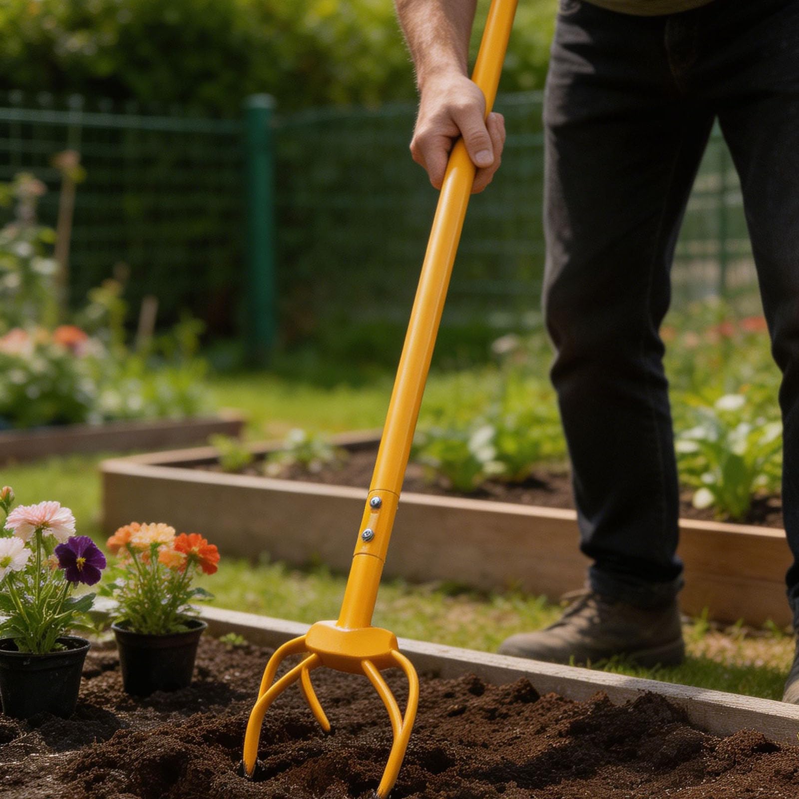 Attrezzo per allentare terreno da giardino 38, 19 pollici Coltivatore artiglio in metallo con manico lungo con traversa a forma T per aiuole da giardino e attività cura del suolo del a mano