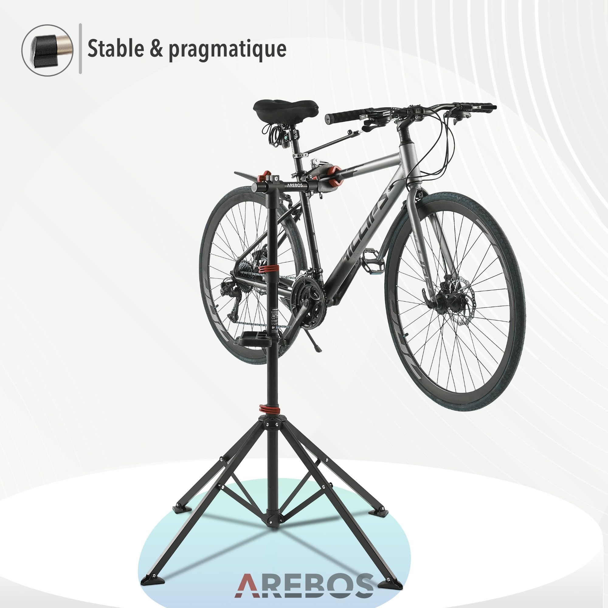 AREBOS Support de Montage Professionnel pour Vélo | Pour VTT et Vélo Électrique | Rotatif 360° avec Dispositifs de Libération Rapide | Support Charges Lourdes + Sac | Noir/Rouge