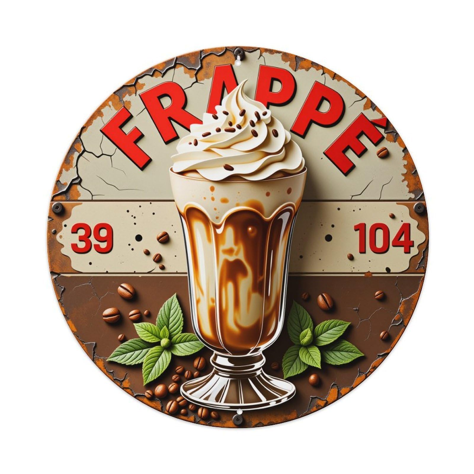 Frappe Coffee Whipped Cream Mint Leaves Metal Tin Sign Vintage Garden Bedroom Cafe Bar Man Cave Home Wall Decor Metal Poster 8x8 inches