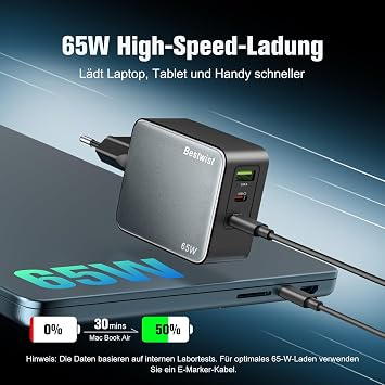 Bestwist 65 W USB-C Charger Power Supply Triple Fast Charger with 2 x USB-C & 1 x USB‑A (PD/PPS/QC4+) Compact for iPhone 16/15/14 Samsung S24/S23/S22 MacBook iPad Pixel Dell HP etc. - Black