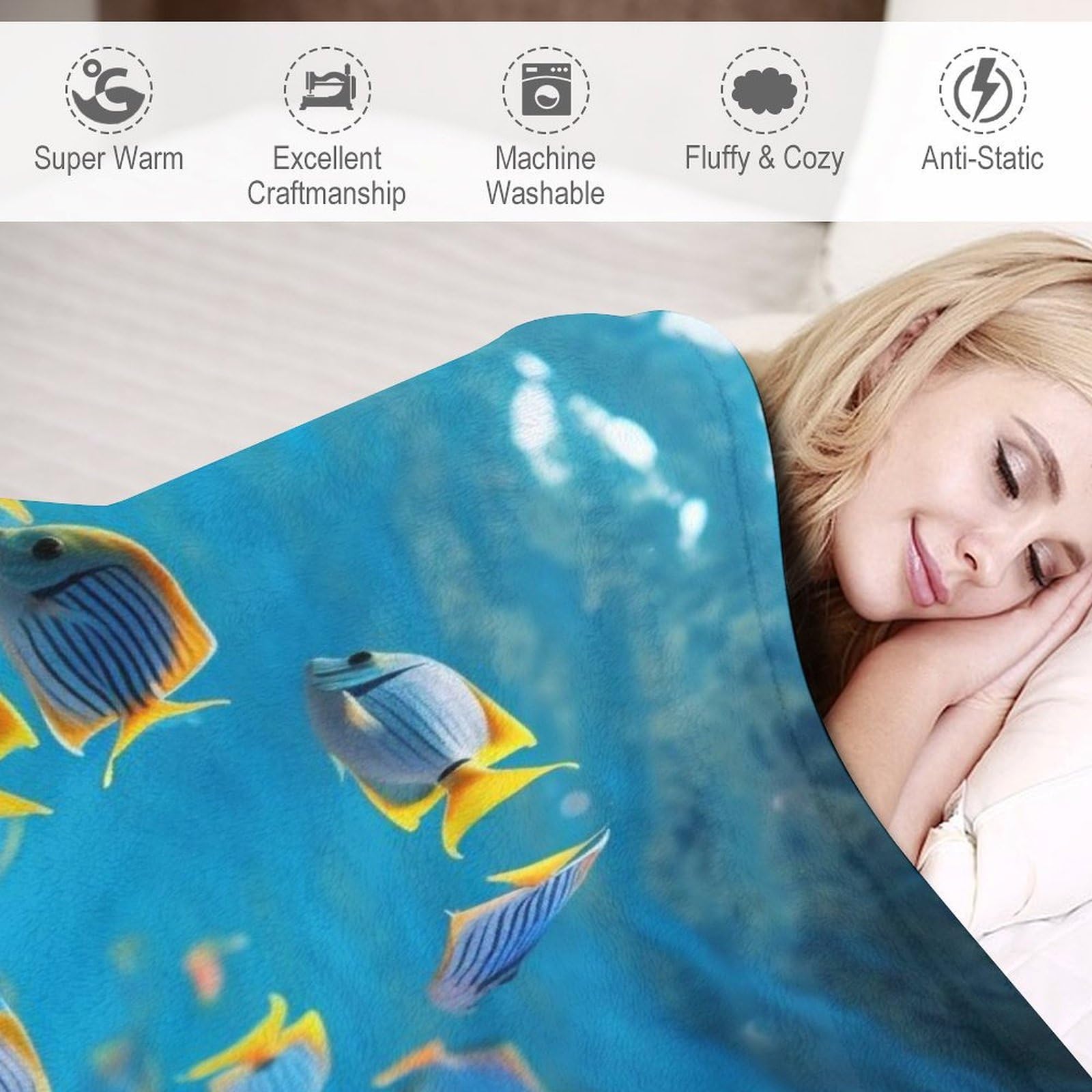 Premium Wohndecke - Bunte Fische Decke Flannel - Extra Weiche TV- Decke Vier Jahreszeiten Wohndecke Dicke Couchdecke Für Bett/Sofa（150×200cm）