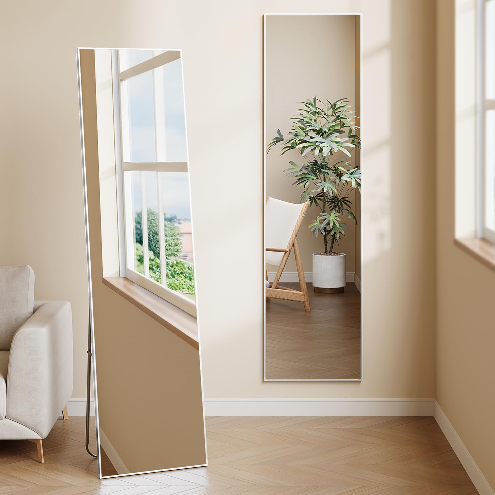 Warmiehomy 150x40cm Mirror Full Length Standing Rectangular Full Body Floor Mirror with Stand Hanging or Leaning Against Wall for Bedroom, Sliver White