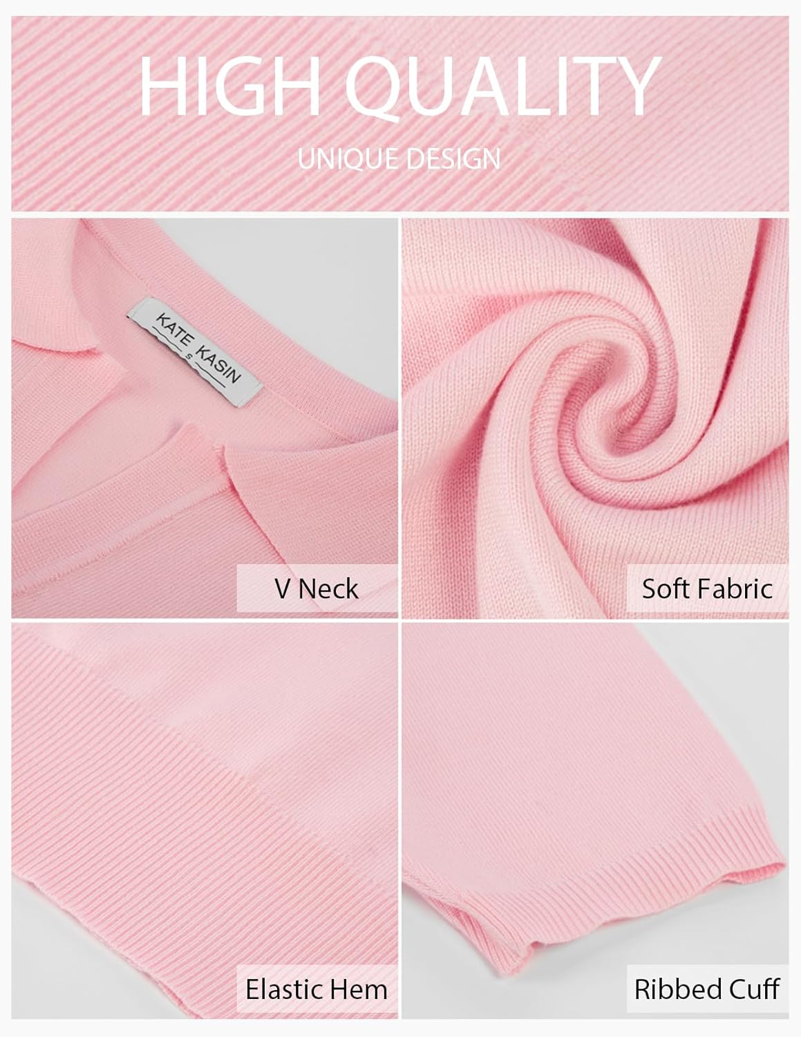 Kate Kasin Women Short Sleeve Polo Sweater V Neck Knitted Tops Casual Ribbed Shirt Loose Pullover Sweater - Image 4